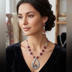 Artisan Faceted Ruby & Glass 3 piece Necklace Set